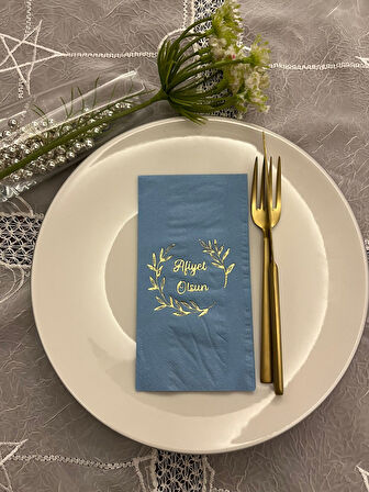 Gold Yaldızlı Mavi Afiyet Olsun Çiçekli Çelenk Garson Peçete 16 Adet