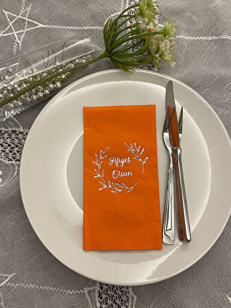 Gümüş Yaldızlı Turuncu Afiyet Olsun Çiçekli Çelenk Garson Peçete 16 Adet