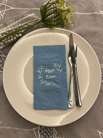 Gümüş Yaldızlı Mavi Afiyet Olsun Çiçekli Çelenk Garson Peçete 16 Adet