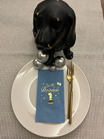 Gold Yaldızlı Mavi Bir Yaş İyi Ki Doğdun Garson Katlama Peçete 16 Adet