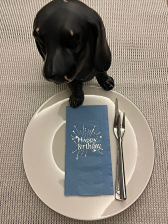 Gümüş Yaldızlı Mavi Happy Bırthday Garson Katlama Peçete 16 Adet