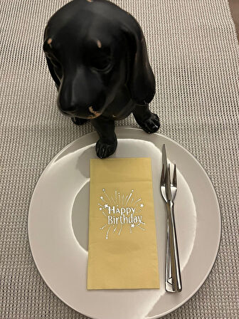 Gümüş Yaldızlı Sarı Happy Bırthday Garson Katlama Peçete 16 Adet