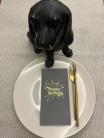Gold Yaldızlı Gri Happy Bırthday Garson Katlama Peçete 16 Adet