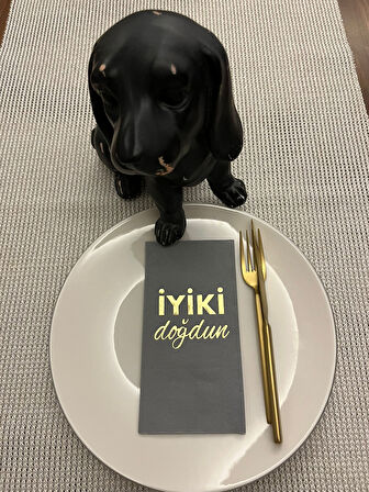 Gold Yaldızlı Gri İyi Ki Doğdun Baskılı Garson Katlama Peçete 16 Adet