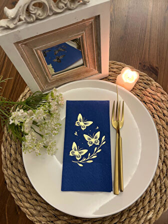 Gold Yaldızlı Bodrum Mavi Kelebek Yaprak Detaylı Peçete 16 Adet