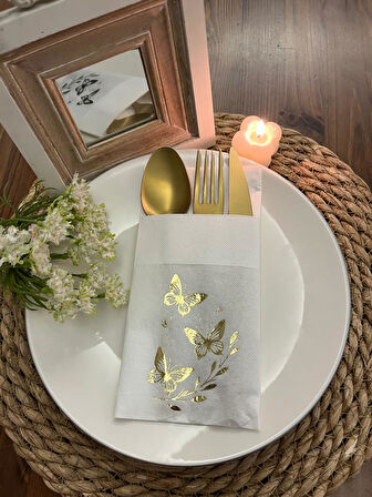Gold Yaldızlı Beyaz Kelebek Yaprak Detaylı Cepli Kanguru Peçete 12 Adet