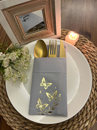 Gold Yaldızlı Gri Kelebek Yaprak Detaylı Kumaş Dokulu Air Laid Kanguru Cepli Peçete 6 lı