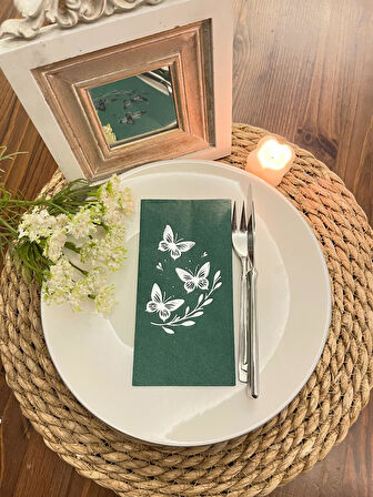 Gümüş Yaldızlı Yeşil Kelebek Yaprak Detaylı Peçete 16 Adet