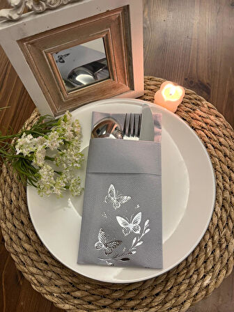 Gümüş Yaldızlı Gri Kelebek Yaprak Detaylı Kumaş Dokulu Air Laid Kanguru Cepli Peçete 6 lı