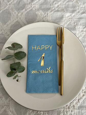 Gold Yaldızlı Mavi Happy 1 Yaş Months Garson Katlama Peçete 16 Adet