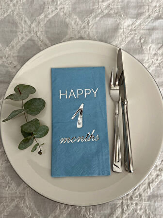 Gümüş Yaldızlı Mavi Happy 1 Yaş Months Garson Katlama Peçete 16 Adet