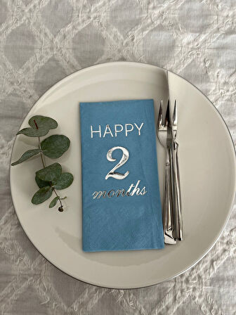 Gümüş Yaldızlı Mavi Happy 2 Yaş Months Garson Katlama Peçete 16 Adet