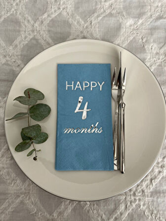 Gümüş Yaldızlı Mavi Happy 4 Yaş Months Garson Katlama Peçete 16 Adet