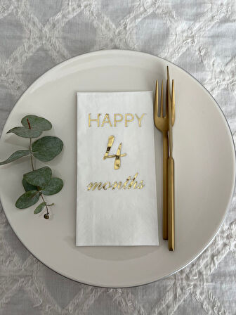 Gold Yaldızlı Beyaz Happy 4 Yaş Months Garson Katlama Peçete 16 Adet