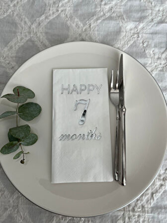Gümüş Yaldızlı Beyaz Happy 7 Yaş Months Garson Katlama Peçete 16 Adet