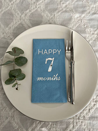 Gümüş Yaldızlı Mavi Happy 7 Yaş Months Garson Katlama Peçete 16 Adet