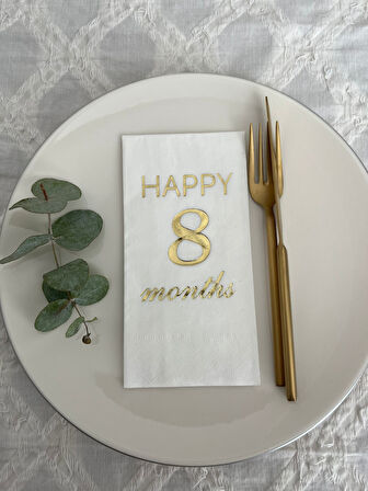 Gold Yaldızlı Beyaz Happy 8 Yaş Months Garson Katlama Peçete 16 Adet