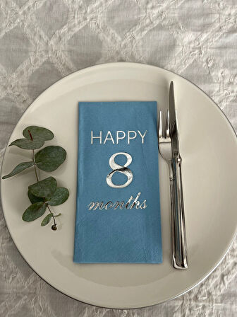 Gümüş Yaldızlı Mavi Happy 8 Yaş Months Garson Katlama Peçete 16 Adet