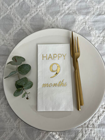 Gold Yaldızlı Beyaz Happy 9 Yaş Months Garson Katlama Peçete 16 Adet