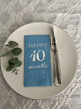 Gümüş Yaldızlı Mavi Happy 10 Yaş Months Garson Katlama Peçete 16 Adet