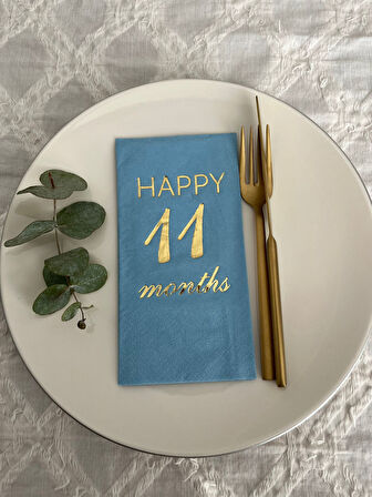 Gold Yaldızlı Mavi Happy 11 Yaş Months Garson Katlama Peçete 16 Adet