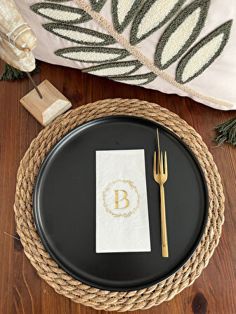 Gold Yaldızlı Beyaz Çelenkli B Harfi Garson Peçete 16 Adet