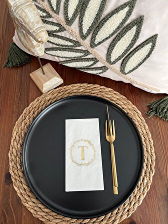 Gold Yaldızlı Beyaz Çelenkli T Harfi Garson Peçete 16 Adet