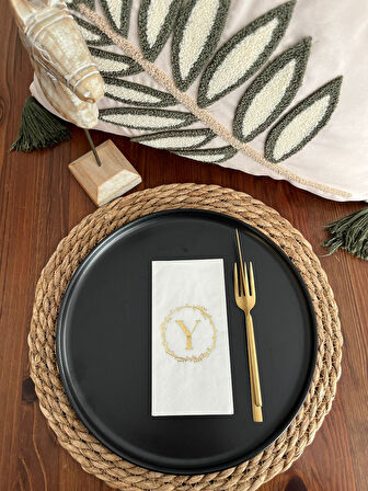 Gold Yaldızlı Beyaz Çelenkli Y Harfi Garson Peçete 16 Adet