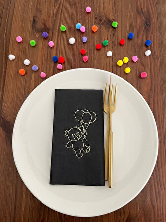 Gold Yaldızlı Siyah Sevimli Ayı Baskılı Garson Katlama Peçete 16 Adet