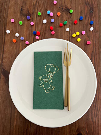 Gold Yaldızlı Yeşil Sevimli Ayı Baskılı Garson Katlama Peçete 16 Adet