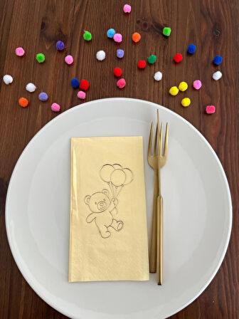 Gold Yaldızlı Sarı Sevimli Ayı Baskılı Garson Katlama Peçete 16 Adet