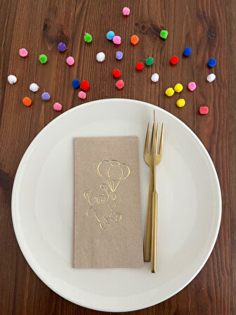 Gold Yaldızlı Kraft Sevimli Ayı Baskılı Garson Katlama Peçete 16 Adet