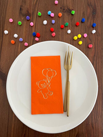 Gold Yaldızlı Turuncu Sevimli Ayı Baskılı Garson Katlama Peçete 16 Adet