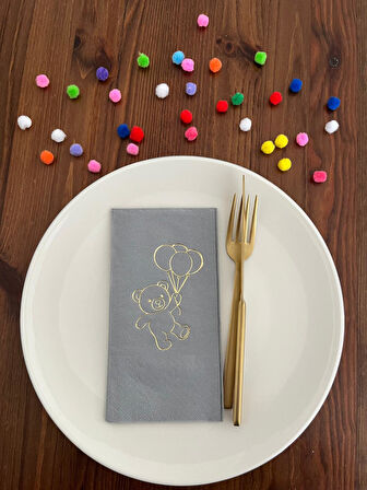 Gold Yaldızlı Gri Sevimli Ayı Baskılı Garson Katlama Peçete 16 Adet