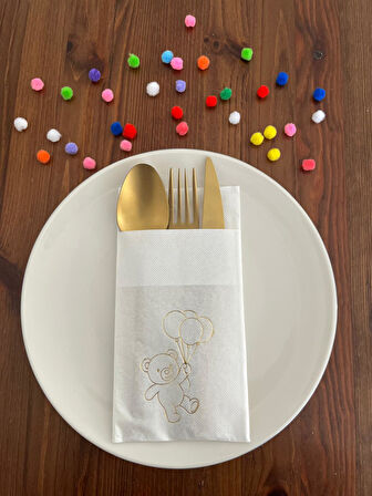 Beyaz Üzeri Gold Yaldızlı Sevimli Ayı Baskılı Kanguru Cepli Peçete 12 Adet