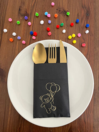 Siyah Üzeri Gold Yaldızlı Sevimli Ayı Baskılı Kanguru Cepli Peçete 12 Adet