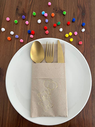 Kraft Üzeri Gold Yaldızlı Sevimli Ayı Baskılı Kanguru Cepli Peçete 12 Adet