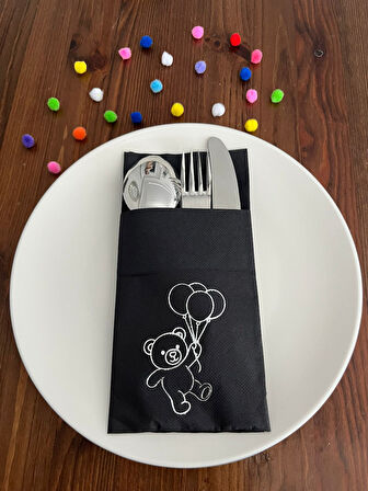 Siyah Üzeri Gümüş Yaldızlı Sevimli Ayı Baskılı Kanguru Cepli Peçete 12 Adet