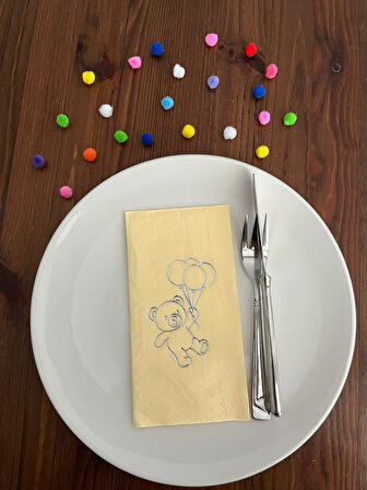 Gümüş Yaldızlı Sarı Sevimli Ayı Baskılı Garson Katlama Peçete 16 Adet