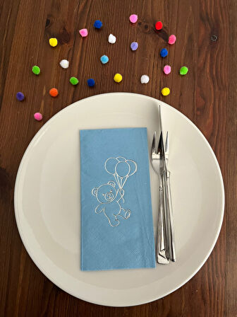 Gümüş Yaldızlı Mavi Sevimli Ayı Baskılı Garson Katlama Peçete 16 Adet