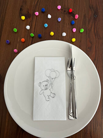 Gümüş Yaldızlı Beyaz Sevimli Ayı Baskılı Garson Katlama Peçete 16 Adet