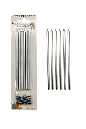 Metalik İnce Mum Gümüş 15 cm 6 lı