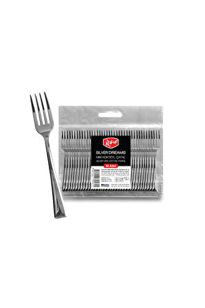Metal Görünümlü Lüks Plastik Mini Kokteyl Çatalı Gümüş 50 Adet 9,5 cm