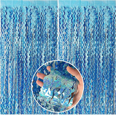 Metalize Dalgalı Hologramlı Açık Mavi Arka Fon Süs 100x200 cm