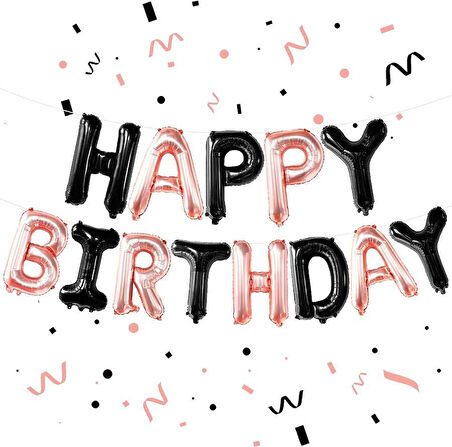Happy Bırthday Siyah Ve Rose Gold Folyo Balon