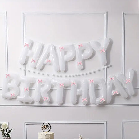 Pembe Kurdeleli Happy Bırthday Beyaz Folyo Balon Seti 33 Parça