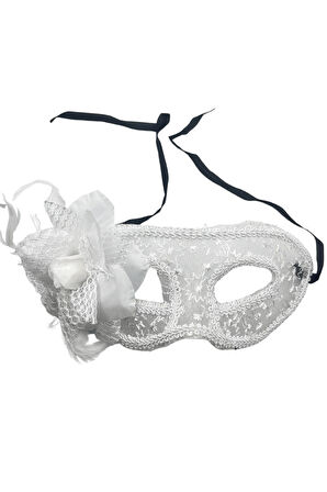 Tüllü Çiçekli Lüks Plastik Maske Beyaz