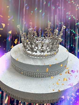 Pasta Tacı Tam Tur Gümüş Renk Taşlı Metal Taç Aksesuar 11 cm