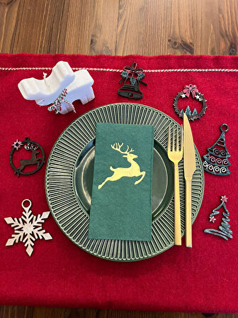 Gold Yaldızlı Yeşil Yılbaşı Geyik Detaylı Peçete 16 Adet