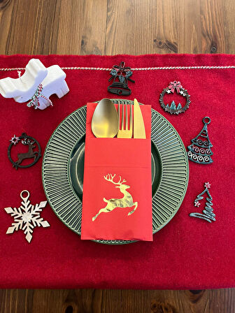 Gold Yaldızlı Kırmızı Yılbaşı Geyik Detaylı Cepli Kanguru Peçete 12 Adet